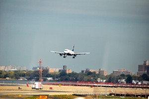 A jet landing at LaGuardia