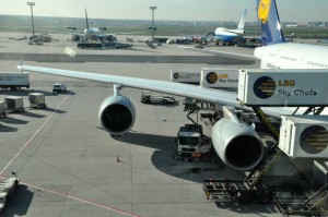 A Lufthansa A380 at the gate in Frankfurt