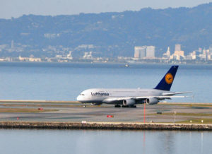 A Lufthansa aircraft on a runway at SFO