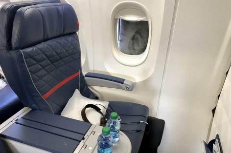A domestic first-class seat on a Delta flight